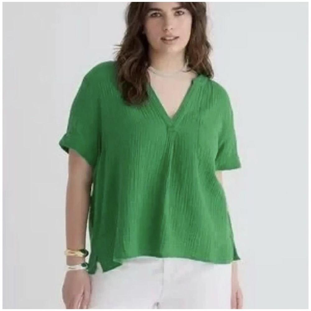 J CREW Green Cotton Gauze V Neck Popover Top Blouse BI431 L